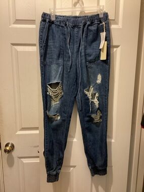 Indigo Rein Men's Distressed Drawstring Jogger Jeans - Dark Blue